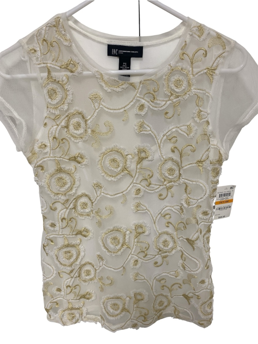 INC International Concepts Cream Mesh Top with Gold Floral Embroidery